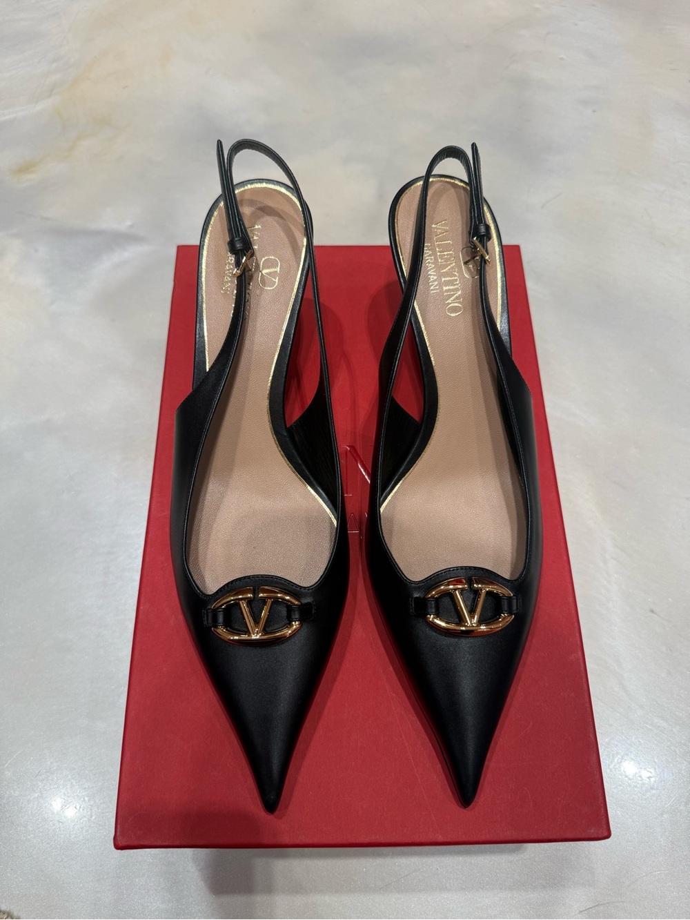 Valentino Black Pointed Slingback Flats with Gold V Logo